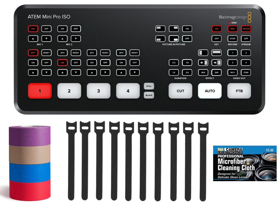Blackmagic Design ATEM Mini Pro ISO Bundle with Multicolor Mini Gaffer's Tape Cable Straps and JZS Cloth