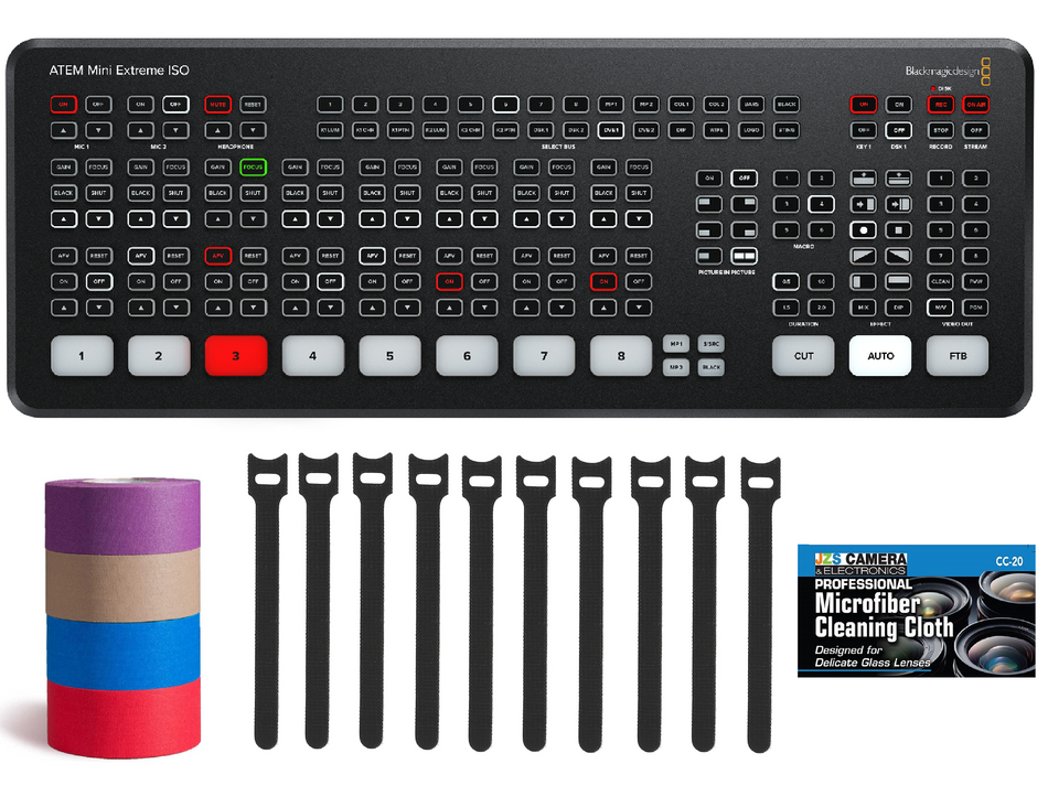 Blackmagic Design ATEM Mini Extreme ISO Bundle with Multicolor Mini Gaffer's Tape Cable Straps and JZS Cloth