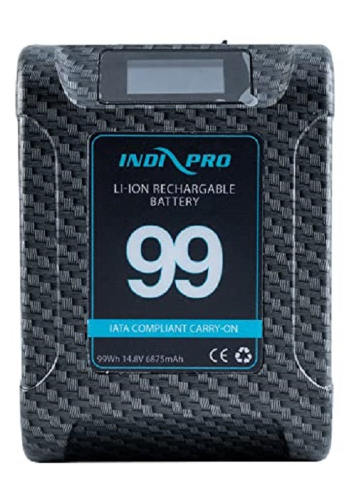 IndiPRO 14.8V 6.8Ah Alpha Series 99Wh V-Mount Li-Ion Battery | Carbon Fiber Color | Supports up to 15A Continuous Draw | 2X D-Taps and USB Outputs | LCD Status Screen | for Pro Cameras & Lights