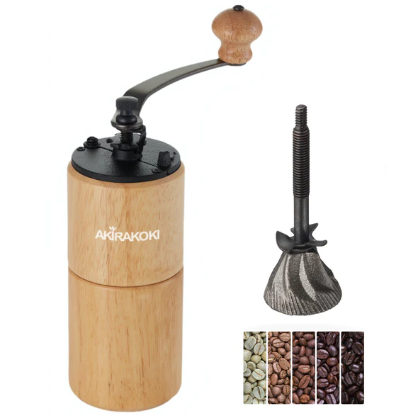AKIRAKOKI Manual Coffee Bean Grinder Wooden Mill with Cast Iron Burr, Large Capacity Hand Crank, Portable Travel Camping Adjustable (light)
