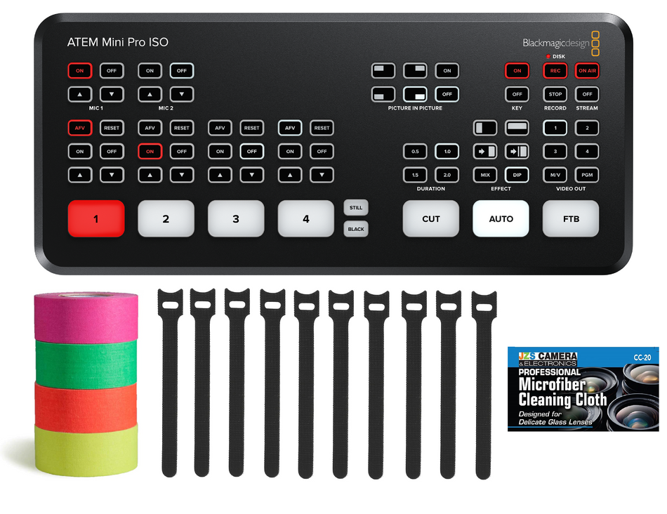 Blackmagic Design ATEM Mini Pro ISO Bundle with Fluorescent Mini Gaffer's Tape Cable Straps and JZS Cloth