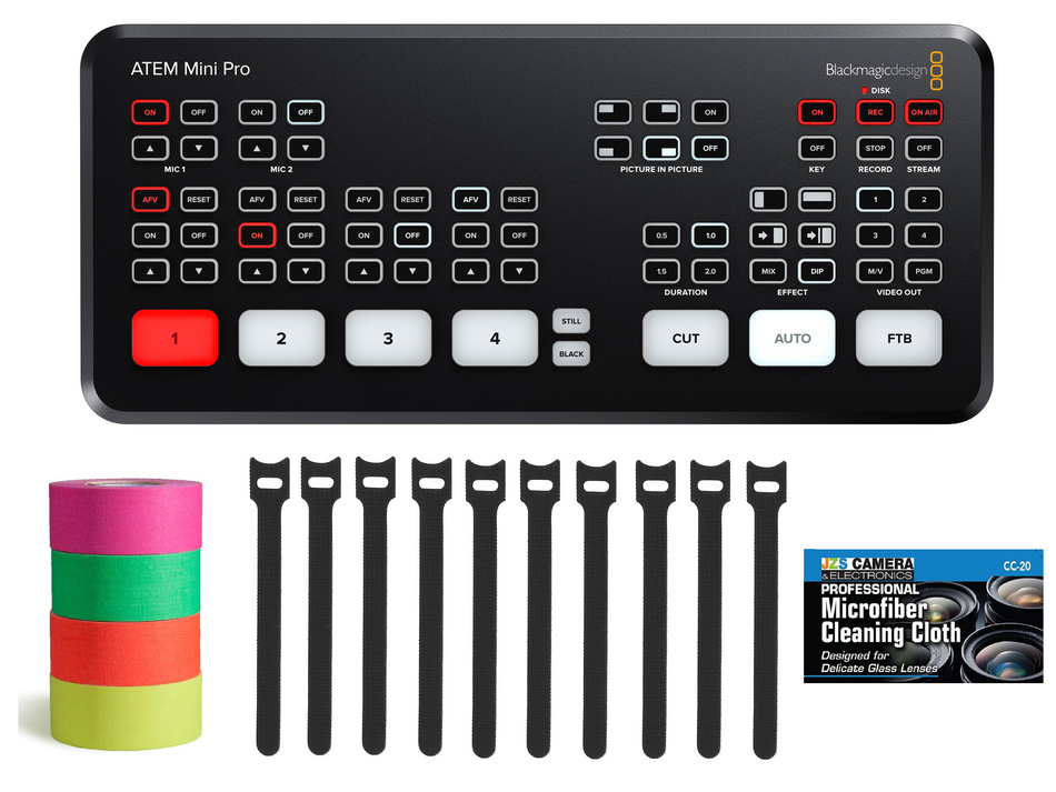 Blackmagic Design ATEM Mini Pro Bundle with Fluorescent Mini Gaffer's Tape Cable Straps and JZS Cloth