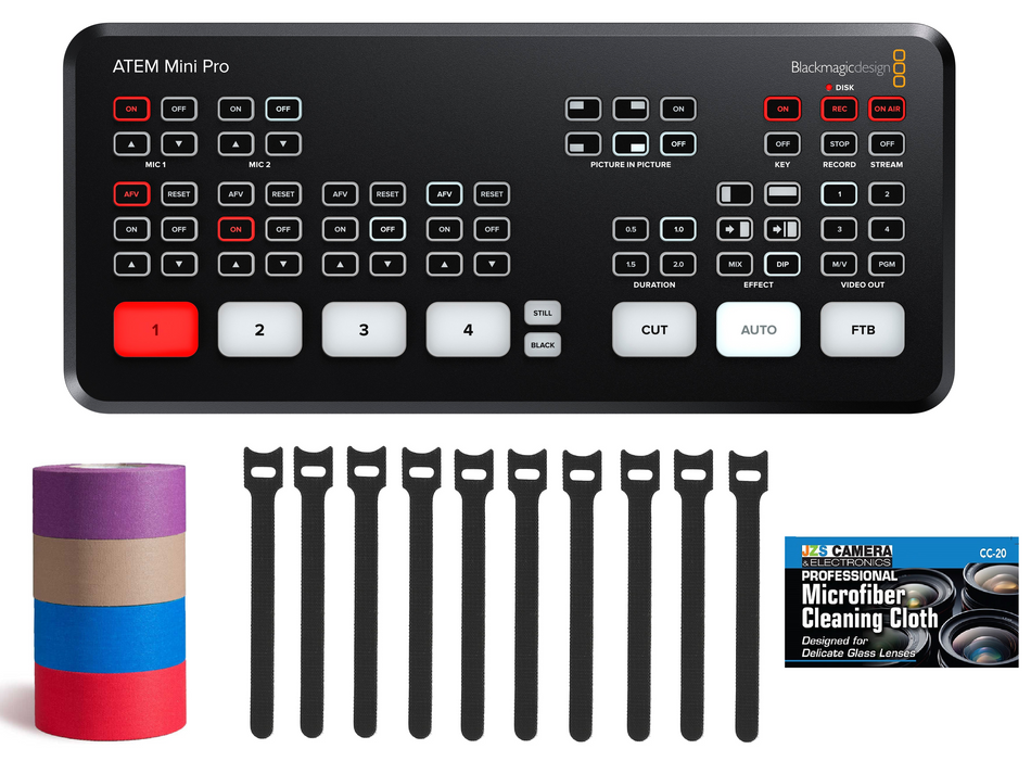 Blackmagic Design ATEM Mini Pro Bundle with Multicolor Mini Gaffer's Tape Cable Straps and JZS Cloth