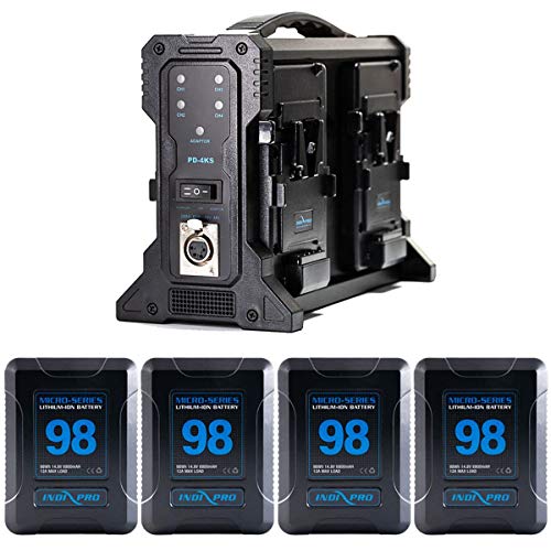IndiPRO Tools Four Micro-Series 98Wh V-Mount Li-Ion Battery and Quad Pro Charger Kit