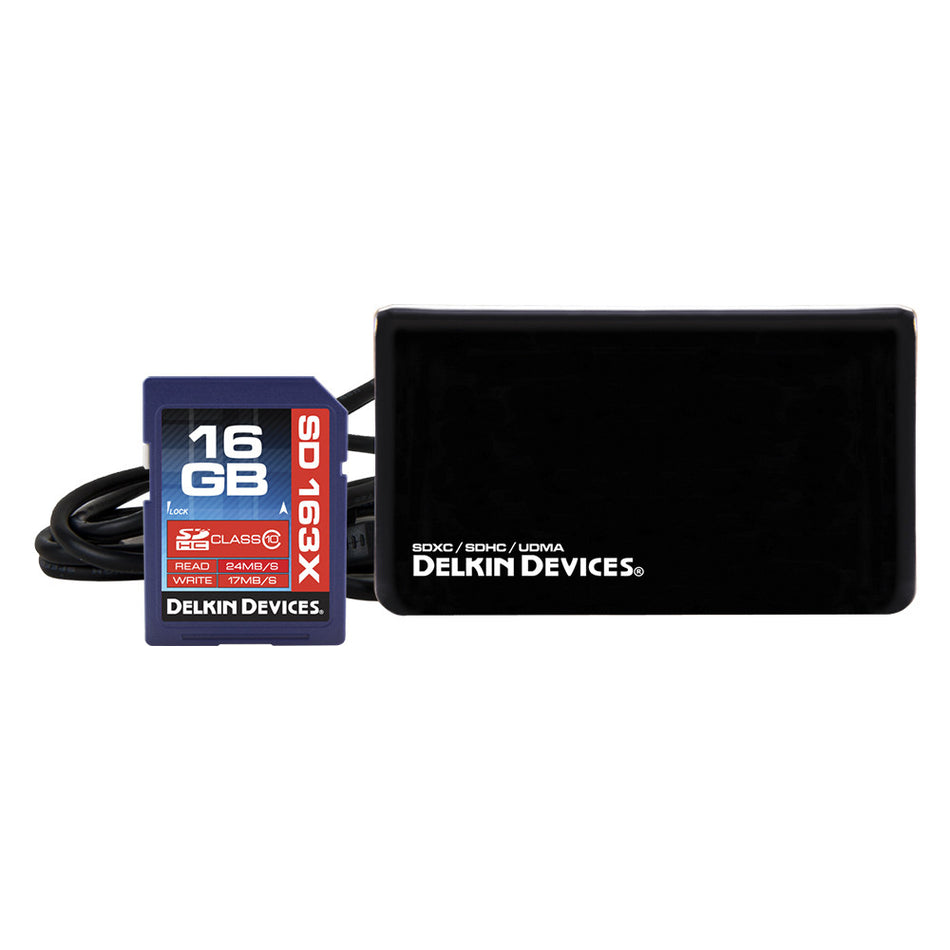 Delkin 16GB SDHC 163X Class 10 Memory Card & USB 2.0 Universal Memory Card Reader